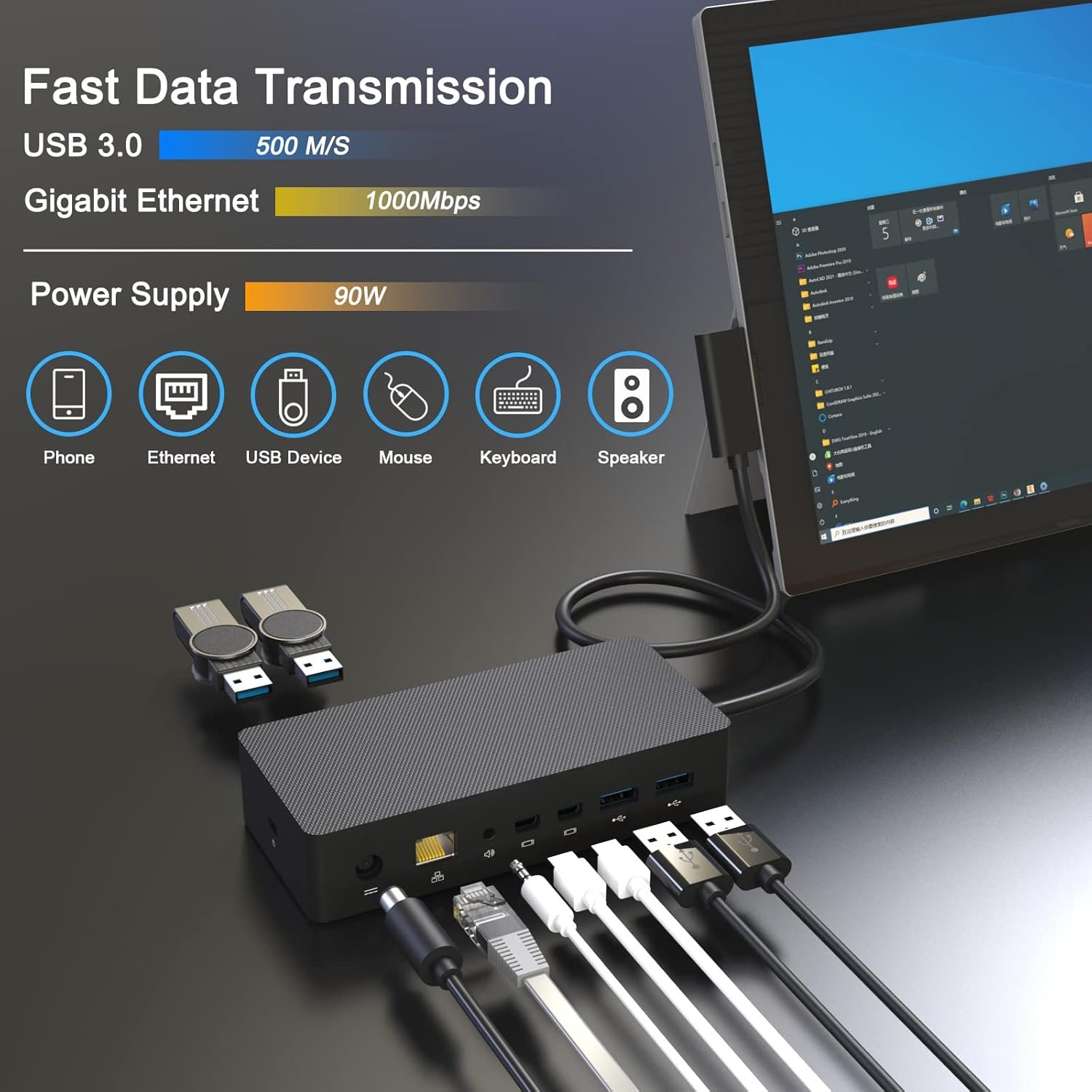Microsft Surface Dock - Surface Pro Docking Station - 4k HD,USB 3.0 x 4, Gigabit Ethernet, Mini DP x 2, 3.5mm Audio - 90W Power Supply - Image 3